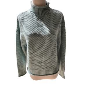 Light Teal Blue Long Sleeve Cable Knit Roll Collar Turtleneck Sweater Size S